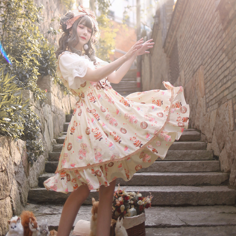 Clearance Sale: Sweet Bear Cute Dark-Patterned Bear Original Print Jsk Large Swing Lolita Dress