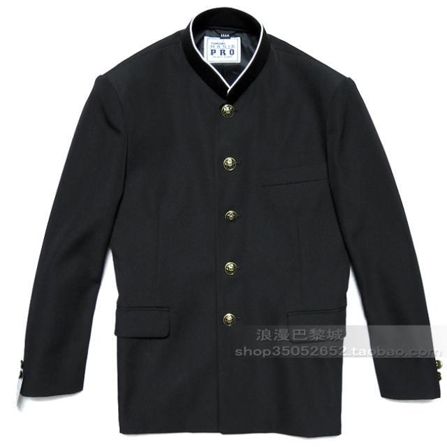 Brand New Japanese School Uniform, Copper Button White Collar Trim, Black Stand-Up Collar Zhongshan Suit Student Uniform, Dk Uniform with Button Placket
