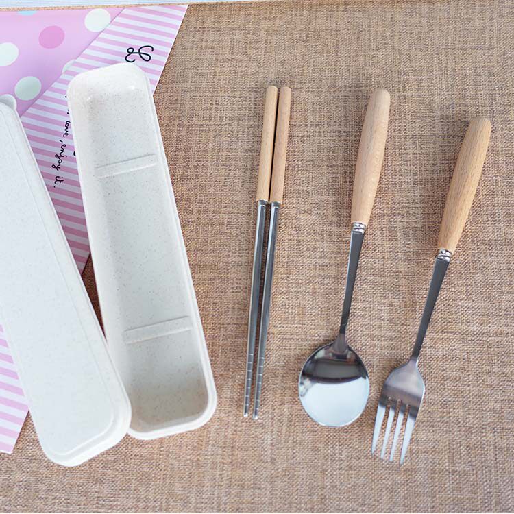 Wood Portable Stainless Steel Western Dining Cutlery Handle Knife Fork Spoon Chopsticks Set Gift Box