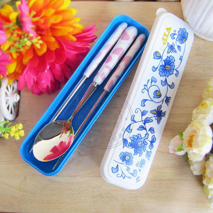  Bone China 304 Stainless Steel Portable Cutlery Suit Ceramic Chopsticks Spoon South Korea Style Travel Box Students