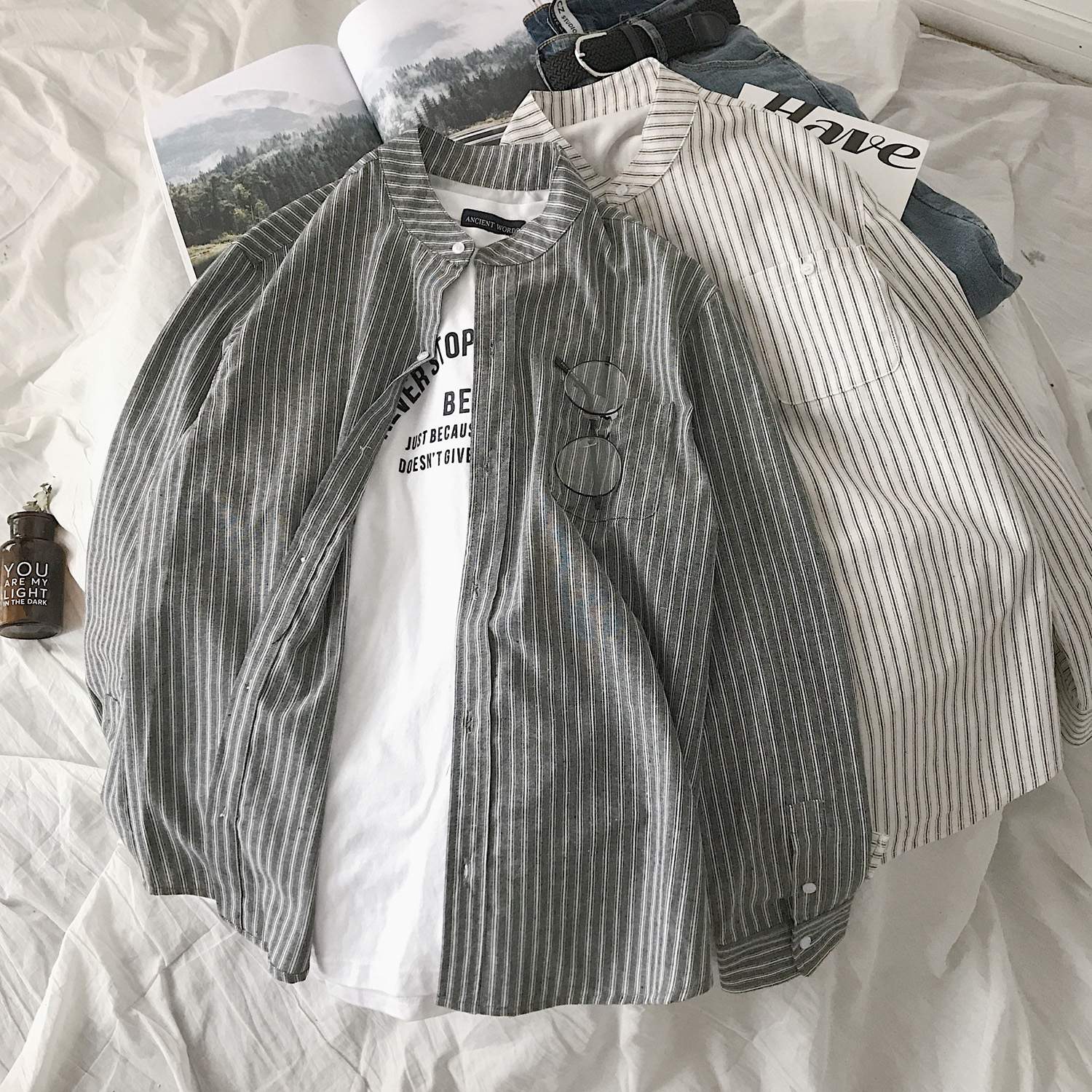 春秋款日系小清新细条纹衬衫男士开衫长袖衬衣青年男上衣衬衣外套