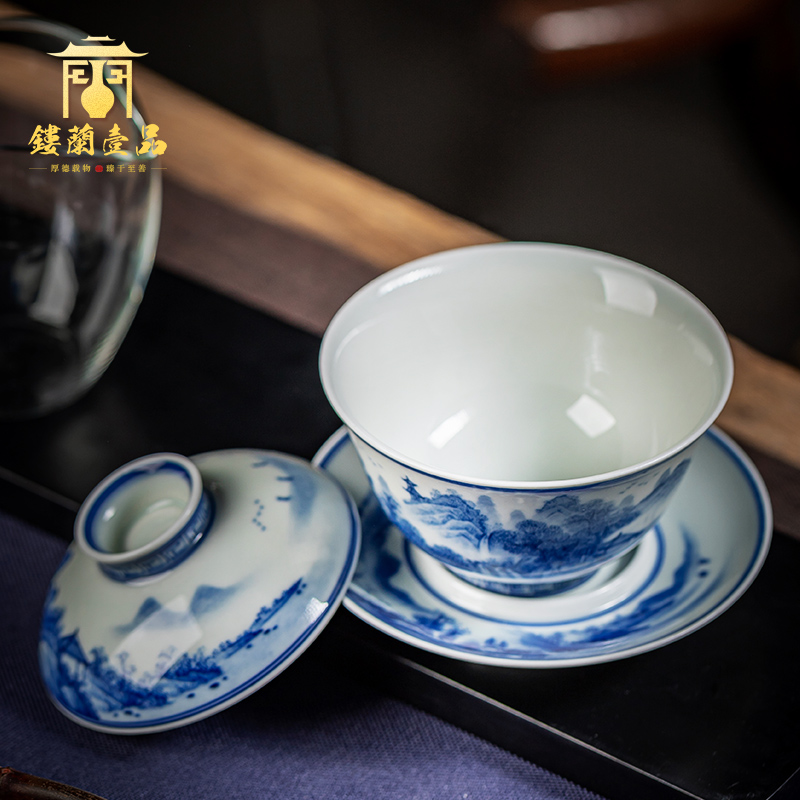 Jingdezhen ceramic hand - made porcelain three to maintain landscape tureen kung fu tea cup large household tea bowl