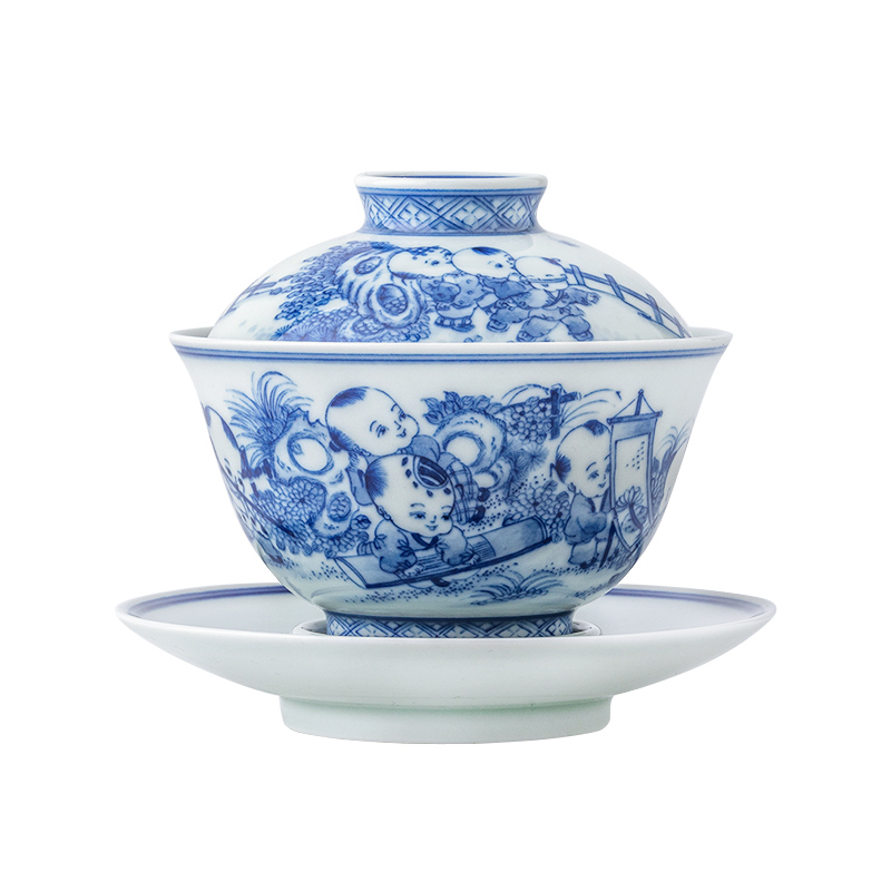 Jingdezhen ceramic hand - made lad of blue and white porcelain all three tureen large household kung fu tea tea bowl cups