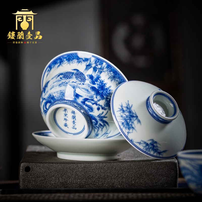 Jingdezhen blue and white maintain ceramic painting of flowers and three only a single large household kung fu tea tea bowl cups tureen