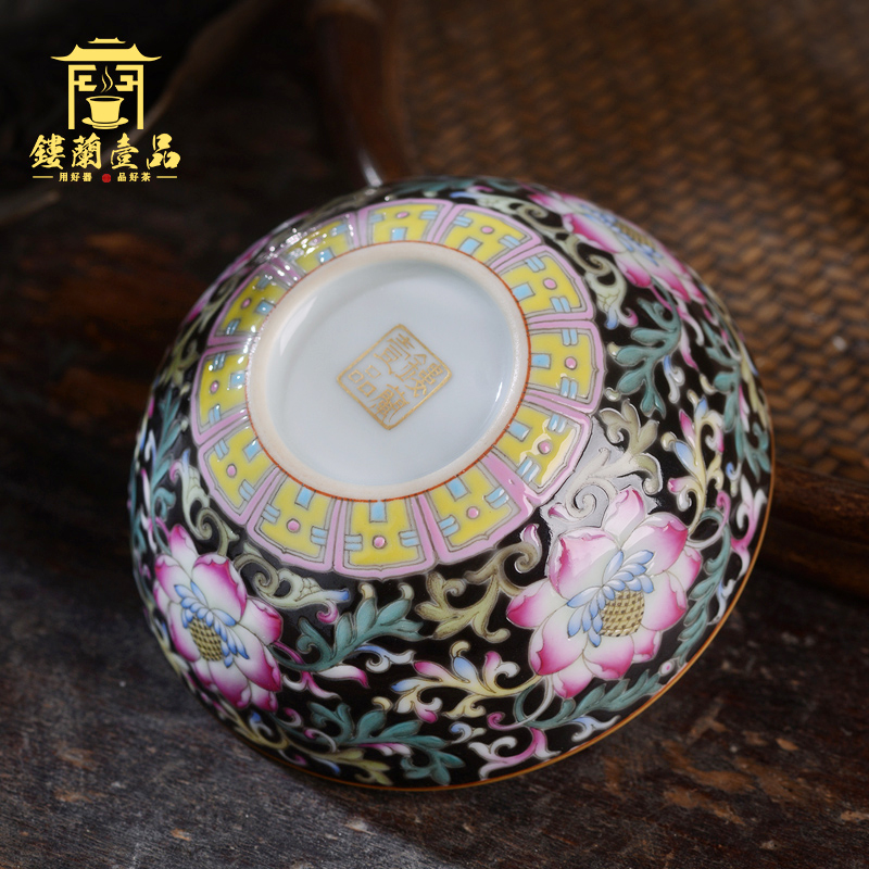 Jingdezhen ceramic hand - made all black enamel bound branch lotus masters cup kung fu tea set large personal single cups of tea cups