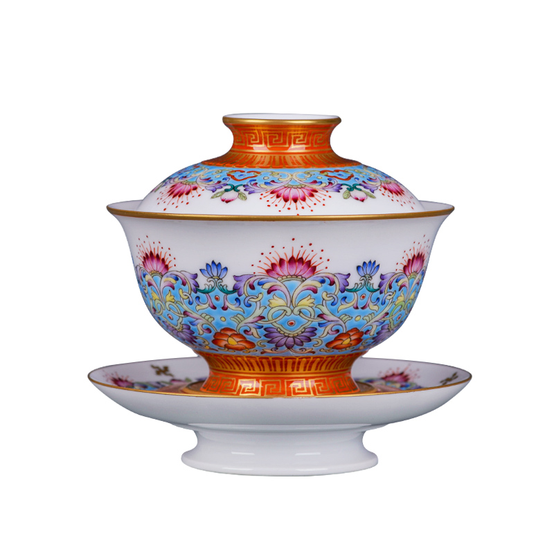 Jingdezhen ceramic all hand - made colored enamel paint even rise step by step foot only three tureen tea bowl of tea