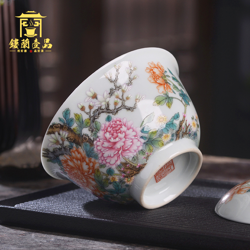 Jingdezhen ceramic all hand - made pastel peony only two to three tureen tea bowl of kung fu tea set with cover in use