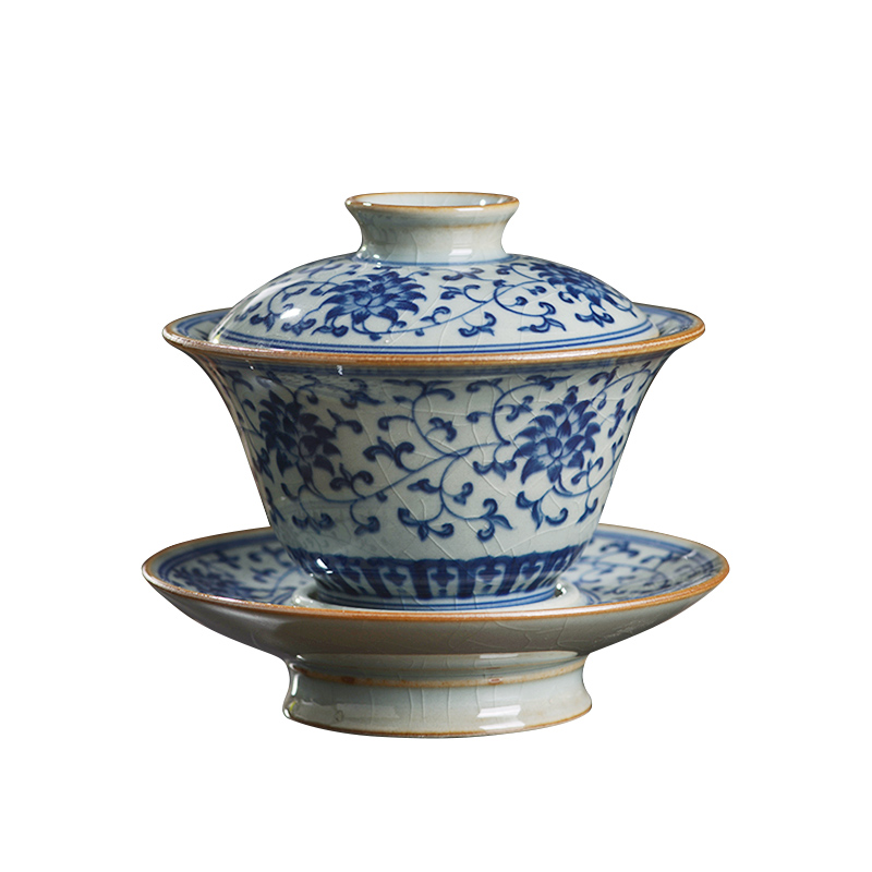 Jingdezhen blue and white ceramics slicing bound lotus flower only three tureen large kung fu tea cups with cover bowl with cover