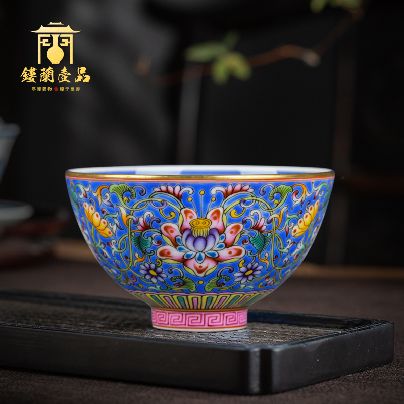 Jingdezhen ceramic hand - made blue colored enamel inside to treasure phase flower cup cup single sample tea cup cup kung fu master