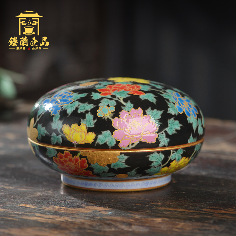Jingdezhen ceramic hand - made black enamel peony with box to receive a case four inkpad inkpad box cylinder four treasures of the study