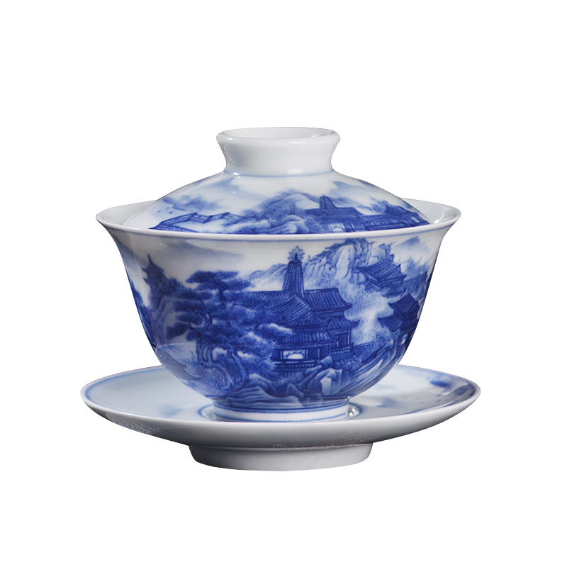 Arborist benevolence blue pavilions three only tureen jingdezhen ceramic hand - made kung fu tea bowl with cover a single