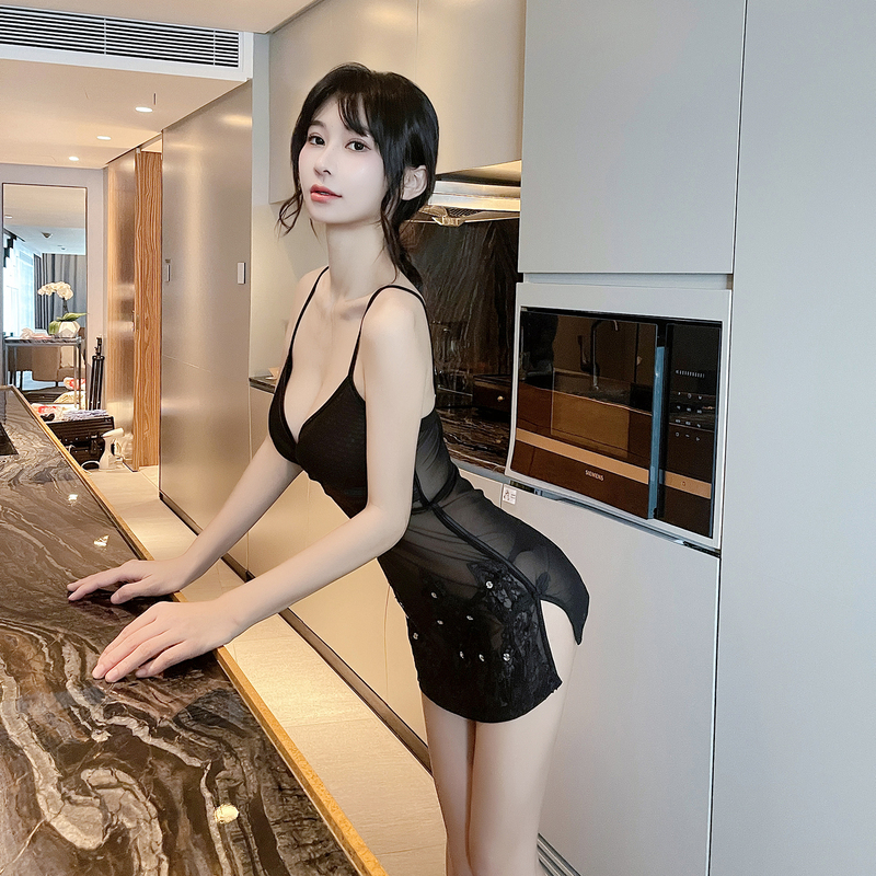 Nightclub Ktv Bar Sexy Spaghetti Strap Dress for Women, Mesh Sheer Deep V-Neck High-End See-Through Bodycon Mini Dress