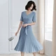 2019 mới của phụ nữ nước hoa nhỏ tay ngắn xếp li váy xòe eo lớn là chiếc váy cổ chữ V mỏng nữ mùa hè - váy đầm