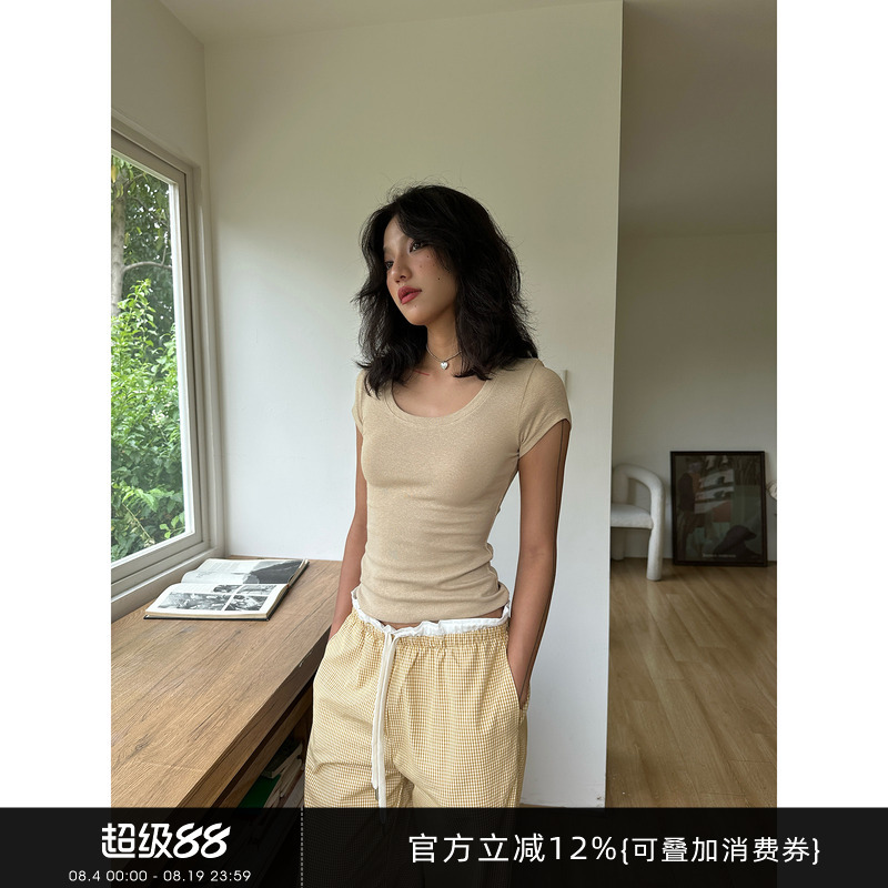 Gogo Burn American-Style Regular Shoulder Short-Sleeve T-Shirt for Women 2026 New Summer Slim-Fit Solid Color U-Neck Top Gogo Burn American-Style Regular Shoulder Short-Sleeve T-Shirt for Women 2026 New Summer Slim-Fit Solid Color U-Neck Top