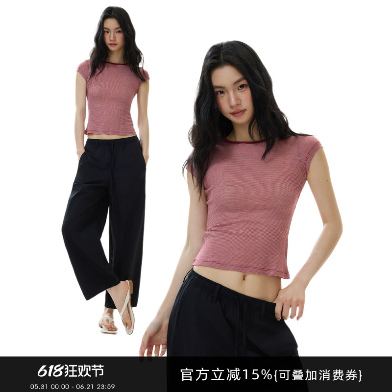 Gogo Burn Red Round Neck Striped Raglan Short-Sleeved T-Shirt for Women, New Summer Slim-Fit Short Crop Top