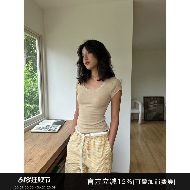 Gogo Burn American-Style Regular Shoulder Short-Sleeve T-Shirt for Women 2026 New Summer Slim-Fit Solid Color U-Neck Top Gogo Burn American-Style Regular Shoulder Short-Sleeve T-Shirt for Women 2026 New Summer Slim-Fit Solid Color U-Neck Top
