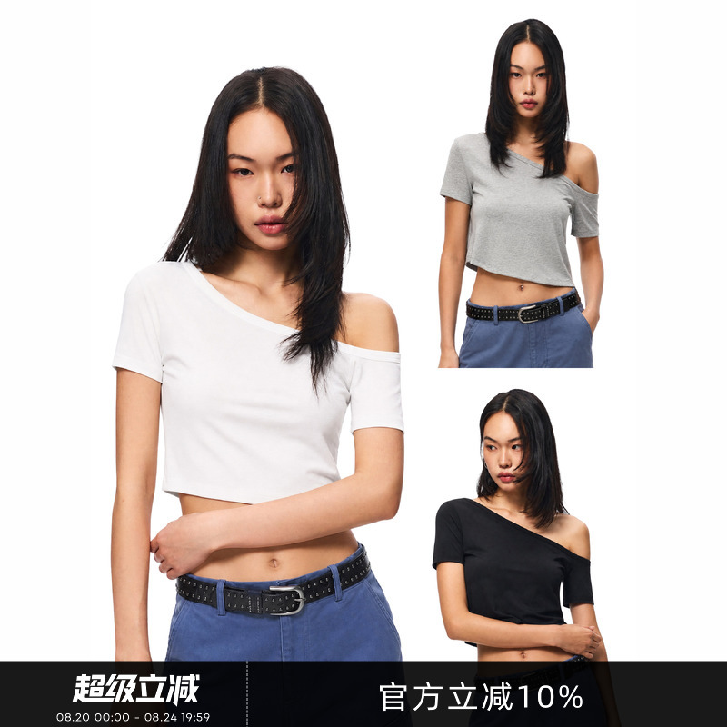 Gogo Burn American-Style Solid Color Short Off-Shoulder Short-Sleeve T-Shirt for Women, Early Autumn New Sexy Hot Girl Style Crop Top