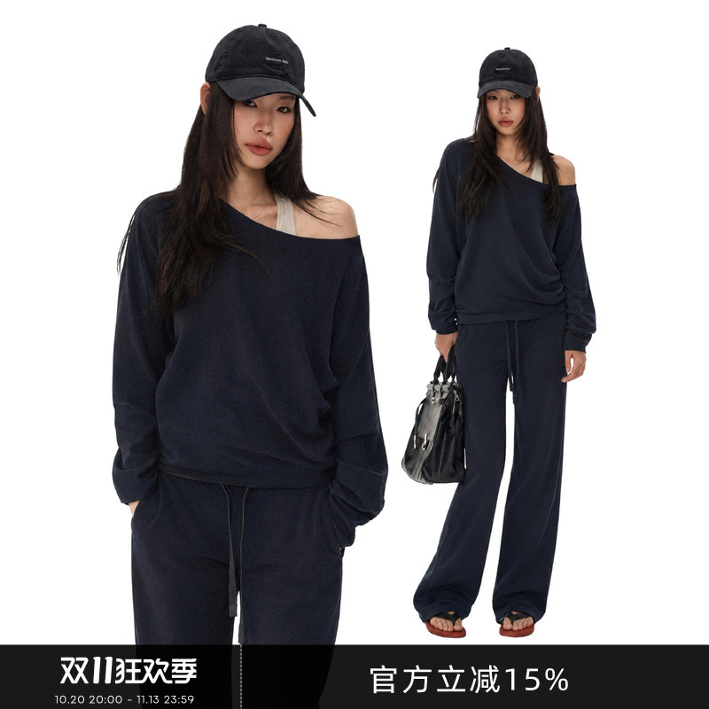 Gogo Burn American-Style Solid Color Off-Shoulder Long-Sleeve Sweatshirt and Wide-Leg Casual Pants Women's Autumn Versatile Two-Piece Set Gogo Burn American-Style Solid Color Off-Shoulder Long-Sleeve Sweatshirt and Wide-Leg Casual Pants Women's Autumn Versatile Two-Piece Set