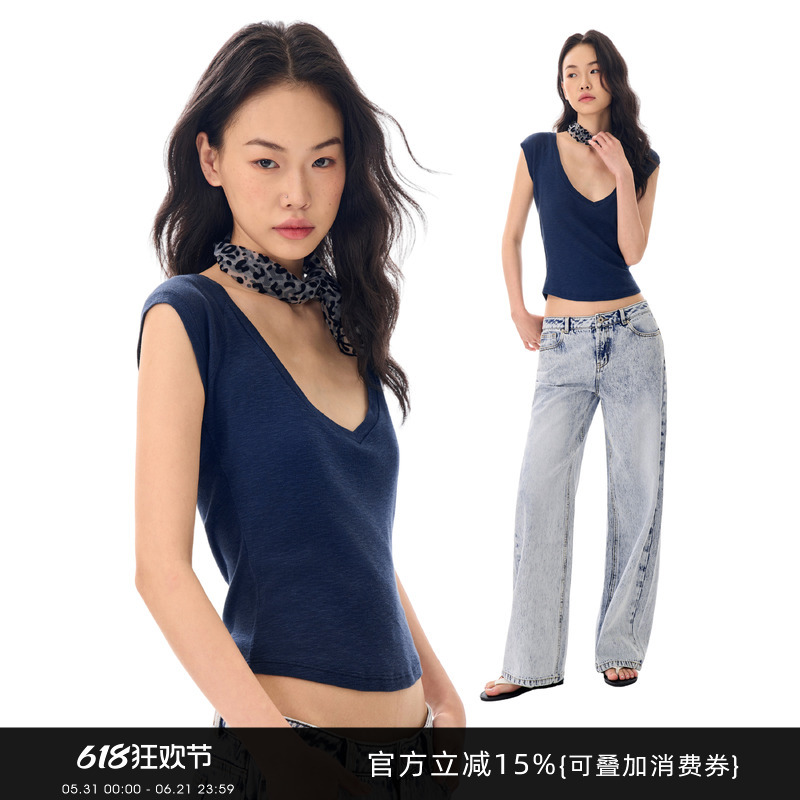 Gogo Burn Dark Blue V Neck Raglan Short-Sleeved T-Shirt for Women 2026 Summer New Slim Fit Short Top