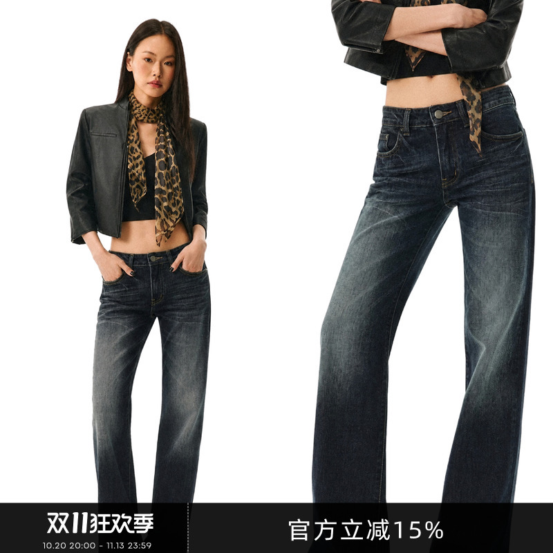 Gogo Burn American-Style Low-Waisted Dark Blue Washed Wide-Leg Jeans for Women, New Straight-Leg Slim-Fit Long Pants for Autumn Gogo Burn American-Style Low-Waisted Dark Blue Washed Wide-Leg Jeans for Women, New Straight-Leg Slim-Fit Long Pants for Autumn