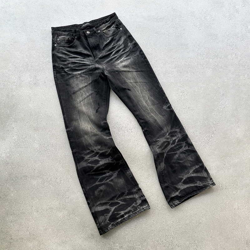 Evil Gazer Three-Dimensional Whiskered Black Water Ripple "Ghost Wash" Dirtyfit Micro-Flared Denim Pants