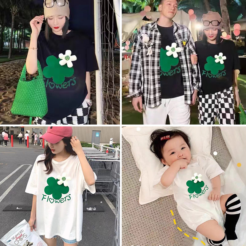 Pro-ziers family of three T-shirts Summer short sleeves Half sleeve blouses net red fried street The female baby's whole family dress