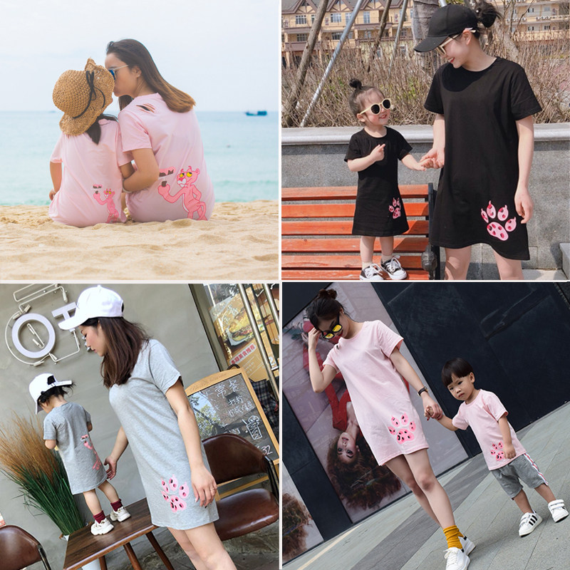 Parent-child wear 2021 new trendy summer T-shirt baby mother and daughter Western style family of three and four fat mothers large size dress