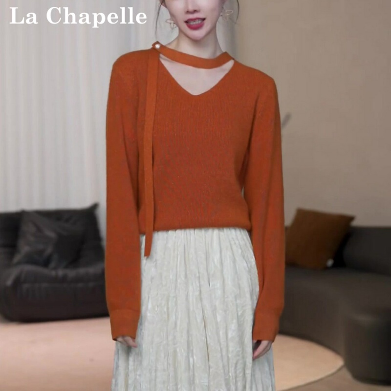 La Chapelle Loose and Casual High-End Halter V-Neck Sweater for Women, Spring, Autumn, and Winter, Hermès Orange Knitwear Base Layer