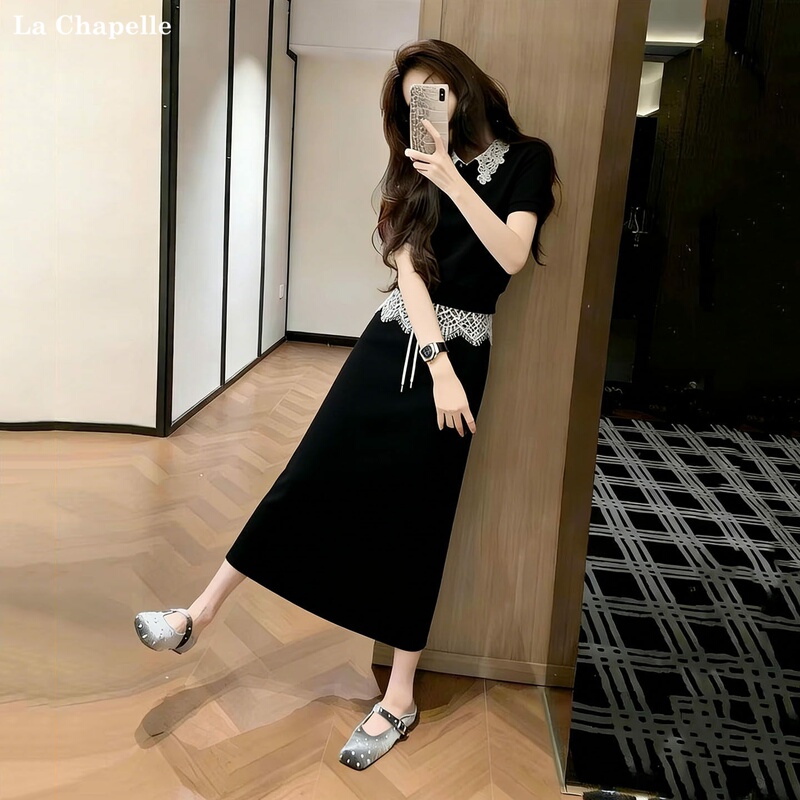 La Chapelle Casual Sports Suit for Women, Summer 2026 New Style, High-End Black Lace Splicing Short-Sleeved Skirt La Chapelle Casual Sports Suit for Women, Summer 2026 New Style, High-End Black Lace Splicing Short-Sleeved Skirt