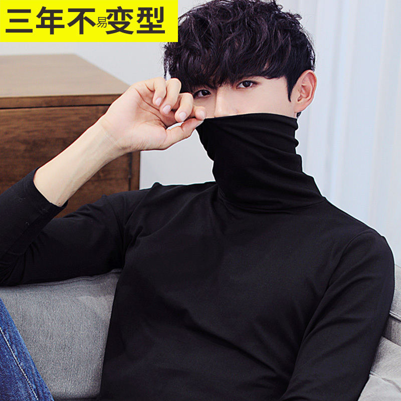 Winter High-Neck Black Base Layer Shirt for Men, Pure Cotton Long-Sleeve T-Shirt, Men's Thickened and Fleece-Lined Thermal Underwear, Autumn Shirt for Layering