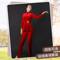 Art Shangdance Latin Dance Dance Exercises Womens National Standard Dance Competition Blouse blouses Autumn Winter Sailors Dance Square Velvet Dancing Suit