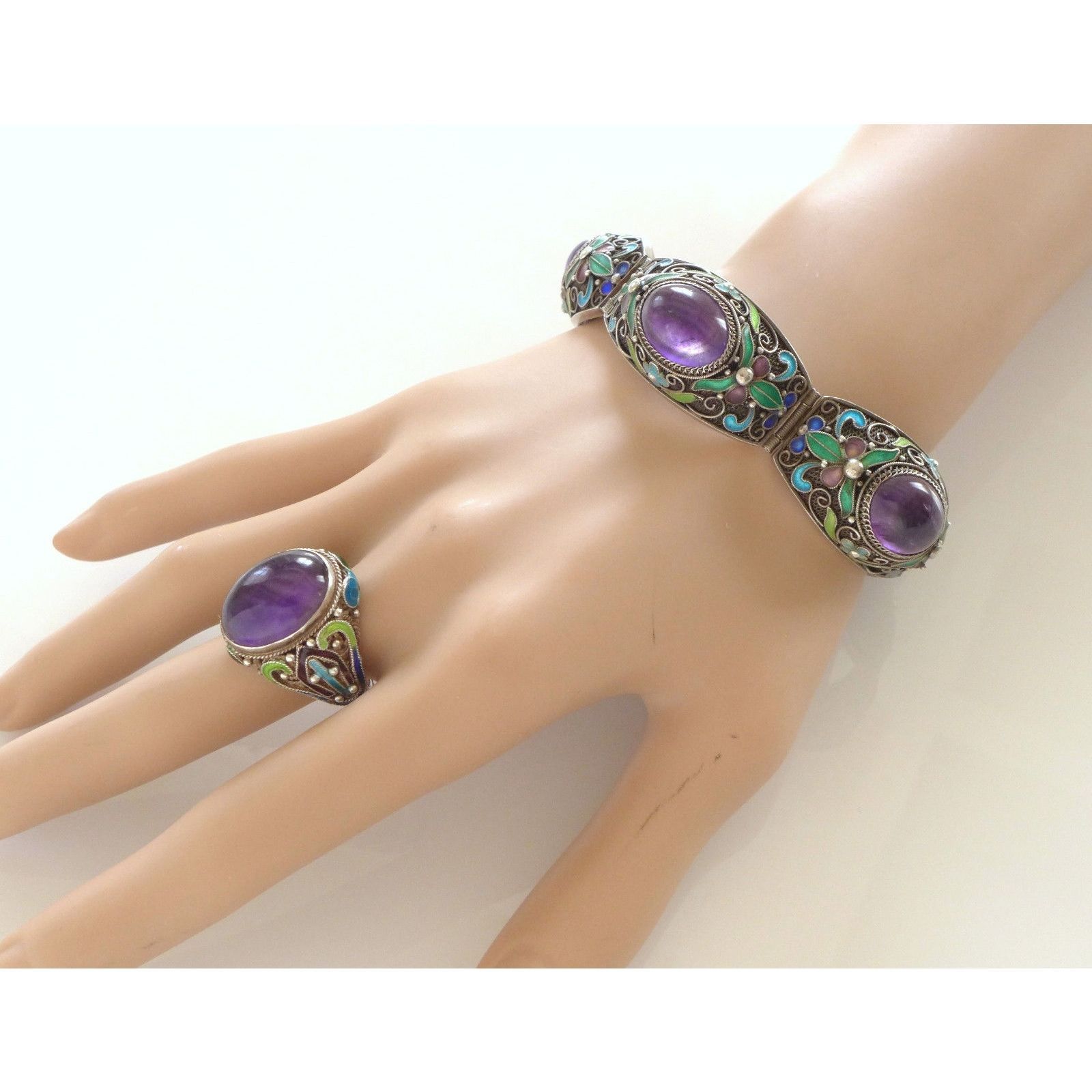 Chinese retro aged cloisonné jewelry open ring bracelet set with stones ethnic style literary trend accessories set