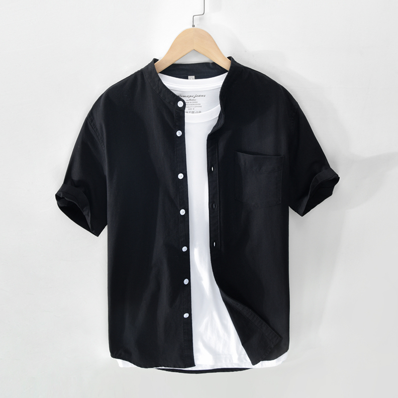 Summer Pure Cotton Short-Sleeve Men's Shirt, Solid Color, Fresh Japanese Style, Stand Collar, Business Casual, Thin Shirt, Black Cardigan, Versatile Summer Pure Cotton Short-Sleeve Men's Shirt, Solid Color, Fresh Japanese Style, Stand Collar, Business Casual, Thin Shirt, Black Cardigan, Versatile