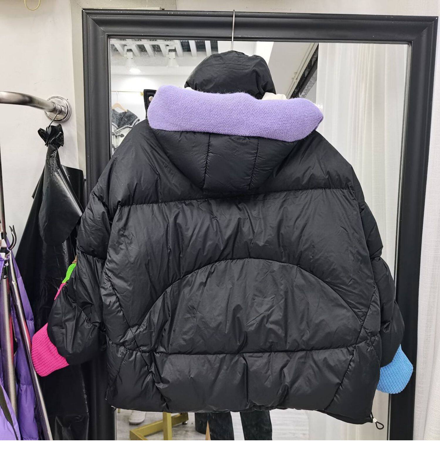 2022羽绒服女短款针织连帽拼接袖韩版糖果色反季清仓设计感外套潮详情11