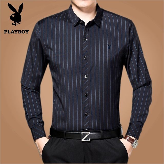 Playboy autumn men's shirt long-sleeved middle-aged mercerized cotton striped business middle-aged dad wear iron-free high-end