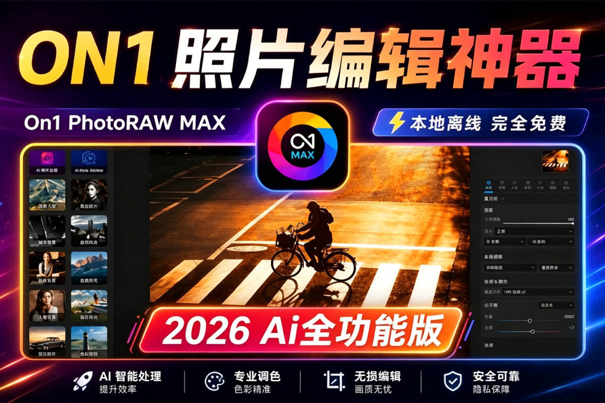 最新 ON1 PhotoRAW MAX 2026.4.1 AI 全功能版 本地生成式移除 本地AI扩图神器 模糊放大！AI天空 滤镜调色 本地离线 完全免费