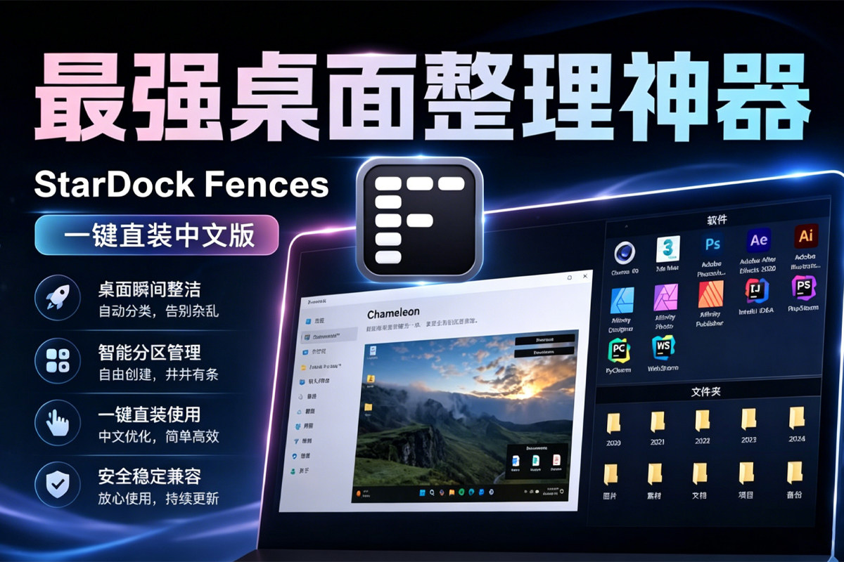 最强桌面整理神器StarDock Fences 6.46 一键直装中文版 秒打造清爽桌面！