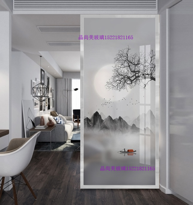 Art Glass Partition Screen Background Genguan Brief Light Extravagant and Double-sided Steel Clamped Glue New Chinese Landscape Ink Mood