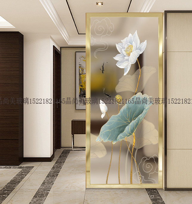 Shanghai Art Glass Modern New Chinese Simple Section Screen Dry and Humid Zone Deep Engraved Double-sided Light Customized Lotus Flower