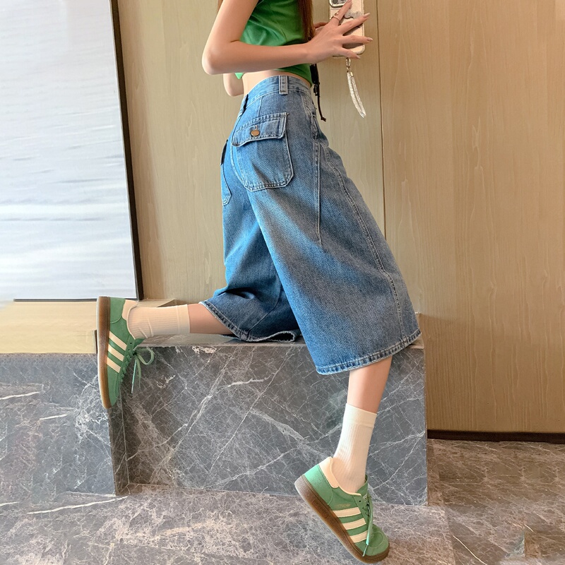 American Retro High-Waisted Cropped Denim Shorts for Women, New Summer Style, Petite Size, Loose Fit, Versatile Wide-Leg Mid-Length Pants