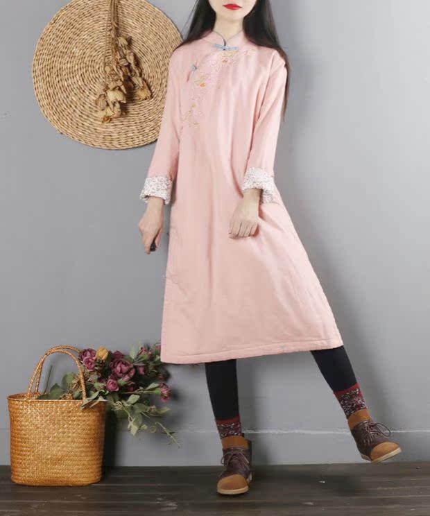 Trung Quốc phong cách retro văn chương sườn xám cotton và vải lanh cotton phụ nữ mùa đông dài phần trà quần áo cotton áo choàng bông áo choàng ao phao nữ