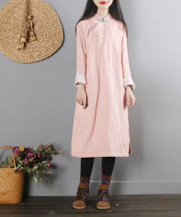 Trung Quốc phong cách retro văn chương sườn xám cotton và vải lanh cotton phụ nữ mùa đông dài phần trà quần áo cotton áo choàng bông áo choàng ao phao nữ