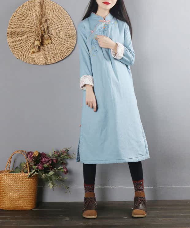 Trung Quốc phong cách retro văn chương sườn xám cotton và vải lanh cotton phụ nữ mùa đông dài phần trà quần áo cotton áo choàng bông áo choàng ao phao nữ