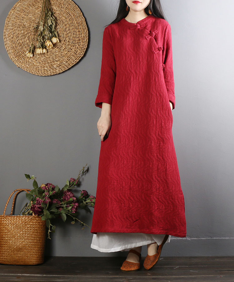 Trung Quốc retro khóa cotton và vải lanh nữ dài tay lỏng lẻo Trung Quốc phong cách sườn xám váy dài Zen trà dịch vụ áo xuân mẫu váy dài
