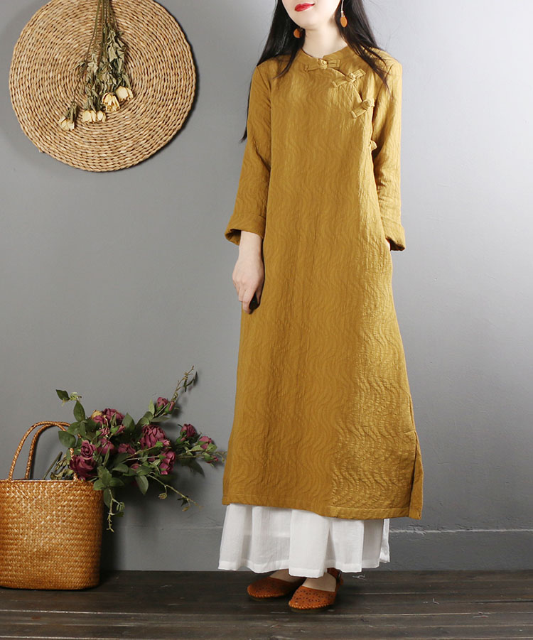 Trung Quốc retro khóa cotton và vải lanh nữ dài tay lỏng lẻo Trung Quốc phong cách sườn xám váy dài Zen trà dịch vụ áo xuân mẫu váy dài