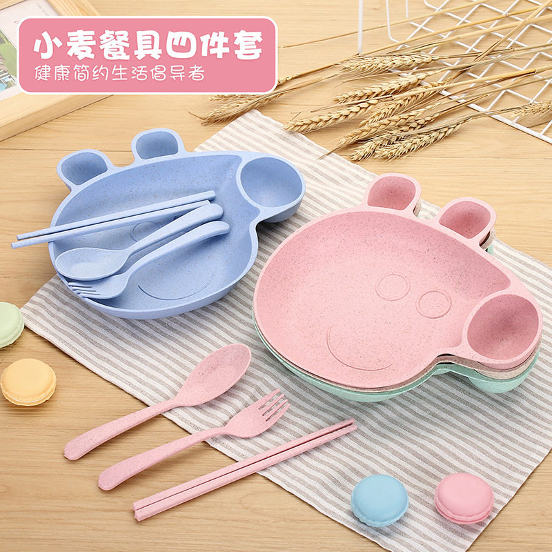 Piggy Piggy Wheat Straw Children Cutlery Sets Babies Sub-Non-toxic Breakfast Pan Spoon Fork Tray Four Pieces