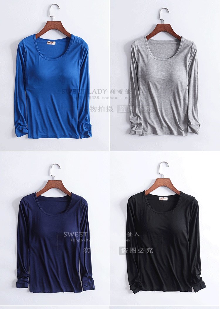 Modal với áo ngực dài tay áo thun miễn phí bra cup pyjama áo đơn mảnh bra-t chạm đáy áo xuân hè bộ đồ thu đông