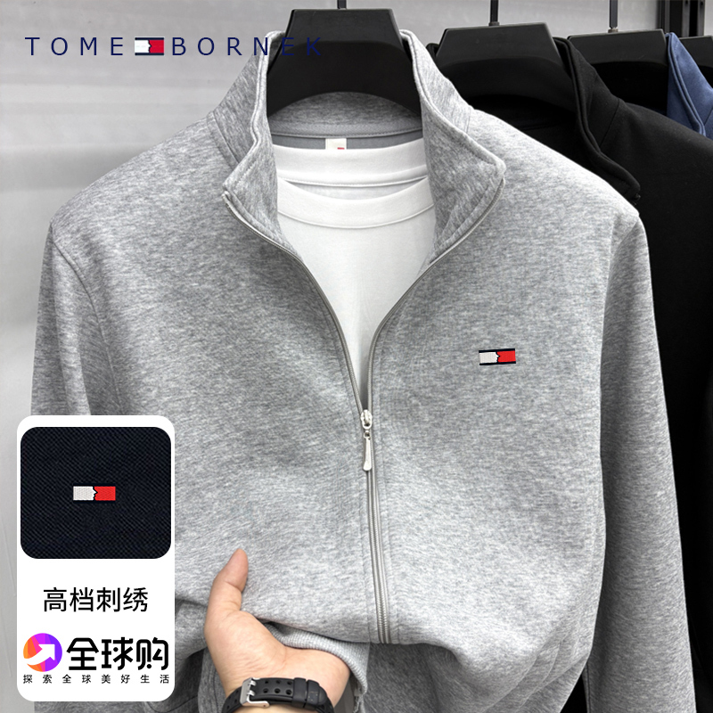 Tommy Hilfiger Autumn and Winter New Men's Zip-Up Sweatshirt Jacket Solid Color Designer Embroidery Loose Cotton Jacket