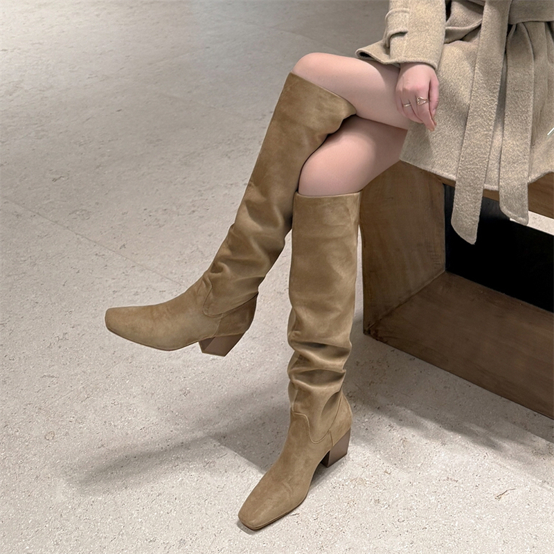 Italian Style~! Lazy and Beautiful Apricot-Colored Square-Toe Chunky Heel Loose Stacked Long Boots, High-Fashion Boots