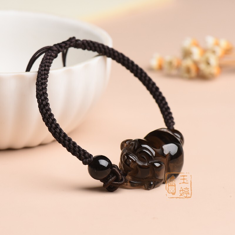 Natural Black Crystal Pig Bracelet, Hand-Carved, Black Crystal Pig Bracelet for Men and Women